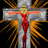 A pixelated image of a crucifixion scene with a red-clad figure on a silver cross against black background, next to yellow with 'LIKE A PRAYER' text