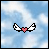 Pixelated icon with blue sky background, white wings, pink heart, and text 'time to Fly' with varying colored squares.