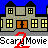 Pixelated animation of yellow taxis driving past gray buildings with blue sky, featuring text overlays like "Scary Movie" and "HEY GET BACK HERE!"