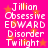 Pixelated text on a bright pink background with orange stars, displaying 'Jillian Obsessive EDWARD Disorder Twilight' in white block letters.
