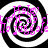 Four identical black-and-white spiral patterns arranged in a , each overlaid with scattered pink text fragments