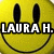 Yellow smiley face with black bunny ears and white text reading "LAURA H." in bold pixelated font over the mouth area.