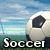 Pixelated soccer ball on grass field with blue sky background, displaying text and emoticon in four