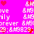Pixelated pink background with repeated white text and red heart symbols in a