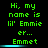Green pixelated text on black background reads "Hi, my name is lil' Emmie er... Emmet" with cyan horizontal line beneath the last word.