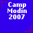 Blue background with white text reading 'Camp Modin 2007' and red star-shaped pixel decorations in various positions.