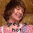 Pixelated image of a person with brown hair wearing a pink patterned top, with text overlay reading 'greg is not' against a brown background.
