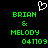 Pixelated green text on black background with white heart symbol above, showing 'BRIAN & MELODY 041109' in two identical side-by-side arrangements.