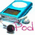Blue MP3 player with screen and earbuds, pink 'iPod' text, and a black circular element on white background.