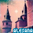 Pixelated castle tower scene with blue text 'ALESANA' over pinkish sky and stone towers, showing animation frames with star-like effects.
