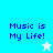 Pixelated text "Music is My Life!" on blue and white backgrounds with a white star in top-right and cyan star in bottom-right.