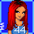 A 4x3 contact sheet of pixel art frames showing a red-haired female character with blue top and black pants, displaying variations in text overlays and body parts across sampled animation frames.