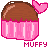 Pixel art cupcake with brown frosting, pink wrapper, and a small pink heart on top; text 'MUFFY' below.