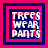 Four square display 'TREES WEAR PANTS' text in white pixelated font on dark blue backgrounds with pink borders, each showing a different border configuration
