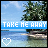 Pixelated beach scene with blue sky, green tree, and water; text 'TAKE ME AWAY' on blue banner; white heart icon at bottom left.