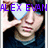 A person holds a light blue heart-shaped object over their eye in two , with purple text reading ALEX EVAN LOVES ME above and below the heart