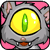 Pixelated close-up of a cartoon cat-like creature's eye with pink accents on gray fur, featuring a yellow iris and green vertical pupil.