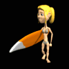 Animated cartoon character with blonde hair in a ponytail holding an orange pencil, showing sequential pose changes against black background.