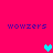 A bright pink background displays four 'wowzers' text labels and three heart icons in a with one animated cyan heart