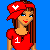 Pixel art contact sheet showing multiple frames of a softball-themed animated buddy icon with a female character in red uniform holding bat and glove.