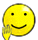 Yellow circular face with black eyes and mouth, holding a yellow checkered object in the lower-left corner.