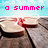A pixelated beach scene with wooden planks and sand, featuring pink text reading 'a summer ill never forget' across four