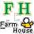 Green 'F' and 'H' letters with yellow outlines above black-and-white text reading 'Farm House', next to a pixelated figure in yellow clothing holding a white sphere.