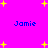 A static image with a bright pink background featuring four instances of the name "Jamie" in blue pixelated text, surrounded by scattered yellow star shapes.