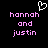 Pixelated text 'hannah and justin' in pink on black background with white heart symbol above left text block.