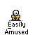 A 3x3 contact sheet of an animated pixel art icon showing a yellow stick figure with white head performing sequential hand movements above the text "Easily Amused" on gray background.