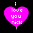 Four identical pink heart-shaped icons with white text "i love you nick!" arranged in a on black background, each icon has small vertical line above and below the heart