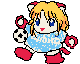 Pixelated character with blonde hair and red cat ears wears blue sweater, holding soccer ball in various poses across four