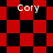 Red and black checkered pattern with four instances of the text 'Cory' in white pixelated font across the image.