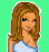 A 44x47 pixel animated contact sheet showing three frames of a cartoon-style female character with brown hair, light blue top, and gray pants against a bright green background.