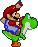 Pixelated Mario rides a green dinosaur, wearing red hat and shirt with blue overalls, brown shoes on gray background.
