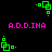 Green pixelated square shapes and pink text 'A.D.D.INA' on a black background, with multiple views of the same animated icon.