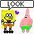 Pixelated SpongeBob SquarePants and Patrick Star in a of text bubbles with 'LOOK WHAT I'VE GOT! RECTANGLES! NO PATRICK CANDY BARS!' and 'AOL Instant Message Custom Buddy Icons!' text
