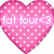 Pink heart with white polka dots contains 'fat four<3' text; green blocks list names on blue/pink background; cyan text reads 'I LOVE YOU' over abstract shapes.