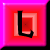 Four square display sequential letterforms L, G, O, and a blank space against layered pink and red backgrounds with black outlines