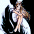 Pixelated image of a woman in a white dress with long brown hair, seated in a black chair against a black background.