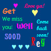 Pixelated blue background with multicolored text phrases and heart symbols in various colors.