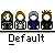 Pixel art of small character icons with repeated 'Default' labels beneath each , some icons showing blue text effects on black backgrounds