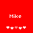 Red background with white text 'Mike' above two of pixelated heart symbols, one showing a pink heart among white hearts