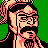 Pixelated 48x48 static icon of a bearded man with glasses against green background, rendered in limited color palette with dithering effects.
