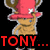Pixelated character with pink hat and antlers, red text "TONY...TONY..." and "...CHOPPER." over black background, white text "RULES!" appears in final frame.