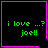 Four identical black square with pink borders display green text reading 'i love ...? joe!!' and contain distinct small symbols in bottom-right corners