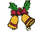 Pixelated yellow bells with red stripes, green holly leaves, and a pink bow in various positions against gray background.