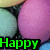 pastel Easter eggs with green text reading 'Happy Easter!' in the lower-left and upper-right quadrants