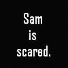 Black background with white text "Sam is scared." and three showing a person in a green striped shirt with hands near their mouth against an orange backdrop