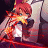 Pixelated anime-style character with red hair and blue eyes, wearing a dark jacket over a white shirt, holding a glowing yellow object near their mouth.